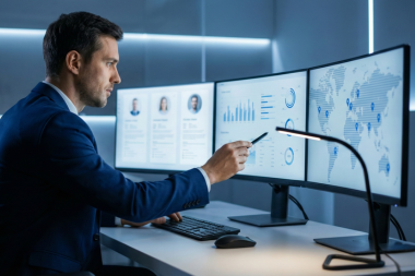 Recruitment professional analyzing workforce data, candidate profiles, and hiring metrics across multiple screens in a U.S. office.